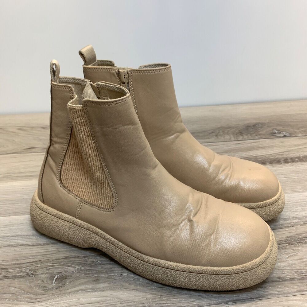ZARA Women Size EU 39/US 8.5 Ankle Boots Leather Chunky Elastic Side Beige